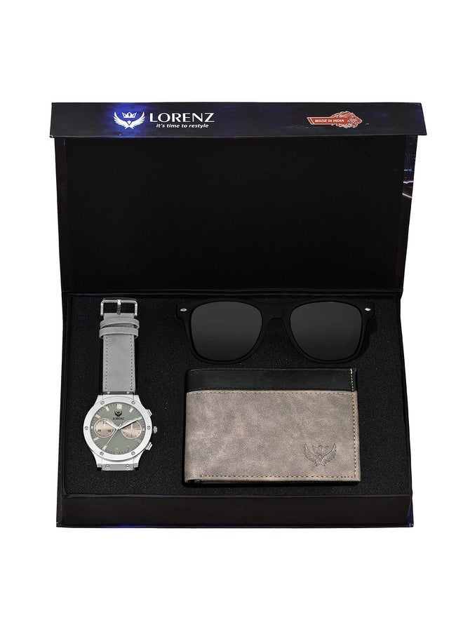 Lorenz LORENZ Gift Combo Box of Men's Grey Dial Watch, Grey Wallet & Black Sunglasses | CM-3032SN1-WL-25  - Image 1