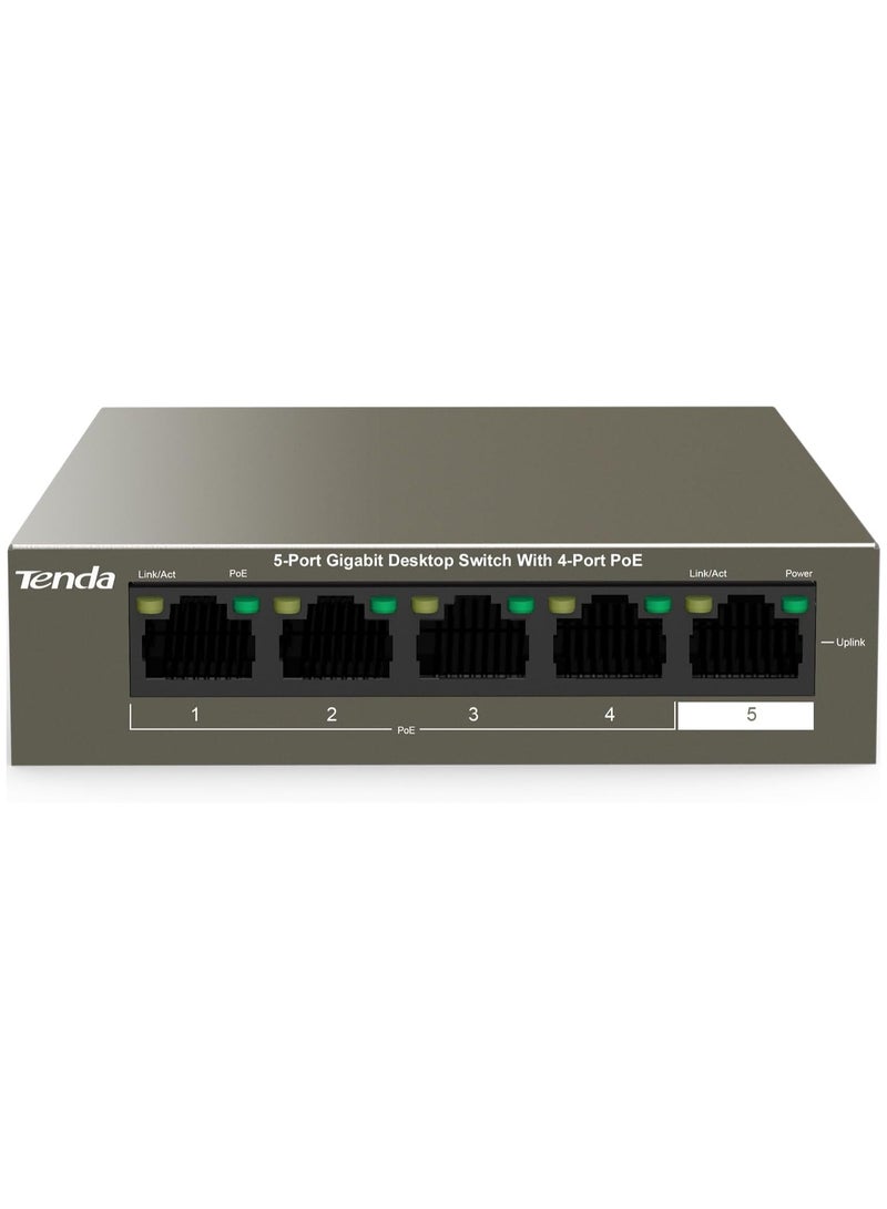 Tenda TEG1105P, 5 Port Gigabit PoE Switch Compatible with IEEE 802.3af/at Devices, Unmanaged PoE Switch with 4 Port PoE+@63W, Plug & Play, Fan-less & Metal Design, Limited Lifetime Protection  - Image 1