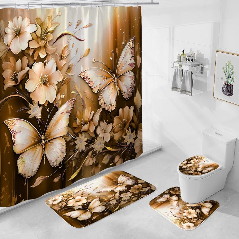 Litabel 4 Pcs Brown Floral Butterfly Shower Curtain Set with Non-Slip Rugs, Gold Vintage Toilet Lid Cover and Bath Mat, Chic Bathroom Decor Set with Shower Curtain and Rugs(Hooks Not Included) - Image 1