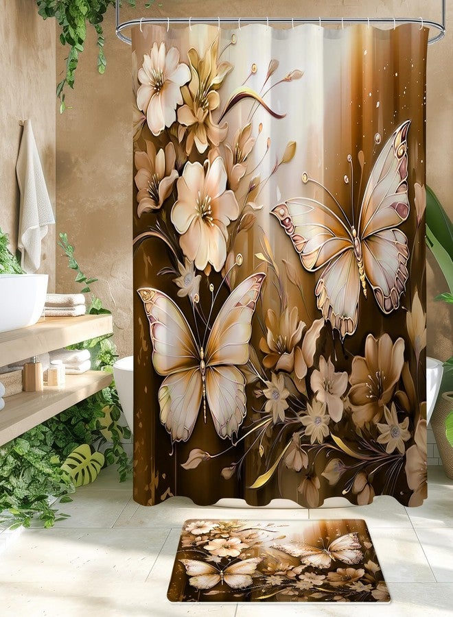 Litabel 4 Pcs Brown Floral Butterfly Shower Curtain Set with Non-Slip Rugs, Gold Vintage Toilet Lid Cover and Bath Mat, Chic Bathroom Decor Set with Shower Curtain and Rugs(Hooks Not Included) - Image 3