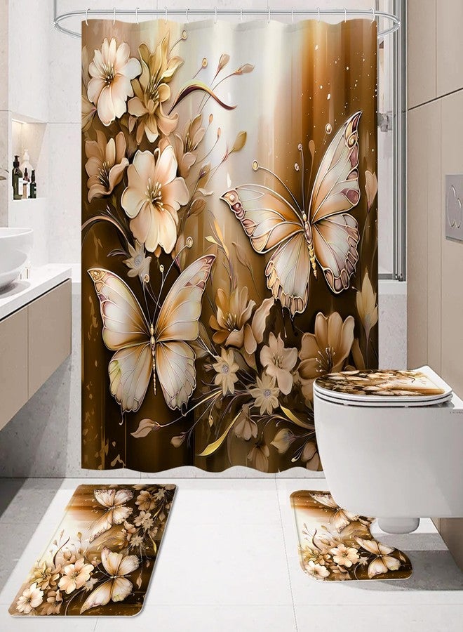 Litabel 4 Pcs Brown Floral Butterfly Shower Curtain Set with Non-Slip Rugs, Gold Vintage Toilet Lid Cover and Bath Mat, Chic Bathroom Decor Set with Shower Curtain and Rugs(Hooks Not Included) - Image 2