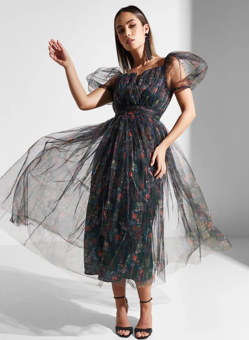 Lace and Beads Floral Tulle Midi Dress