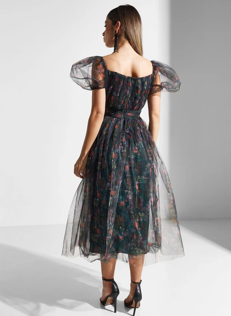 Lace and Beads Floral Tulle Midi Dress