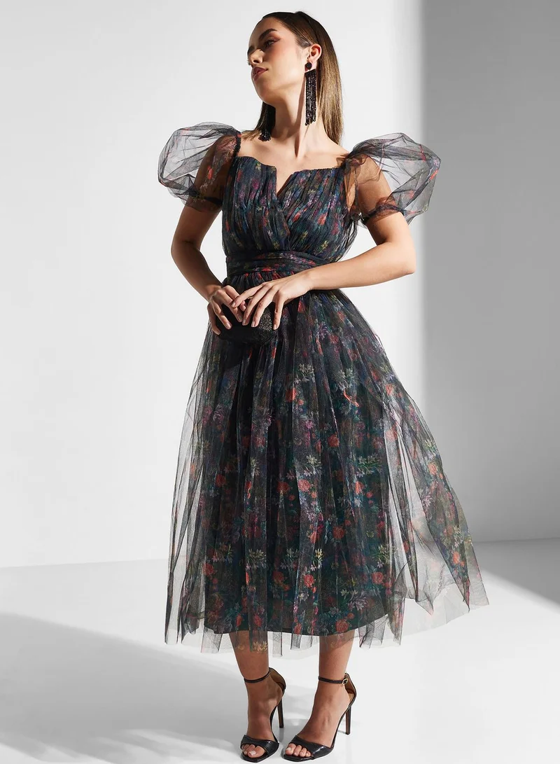 Lace and Beads Floral Tulle Midi Dress