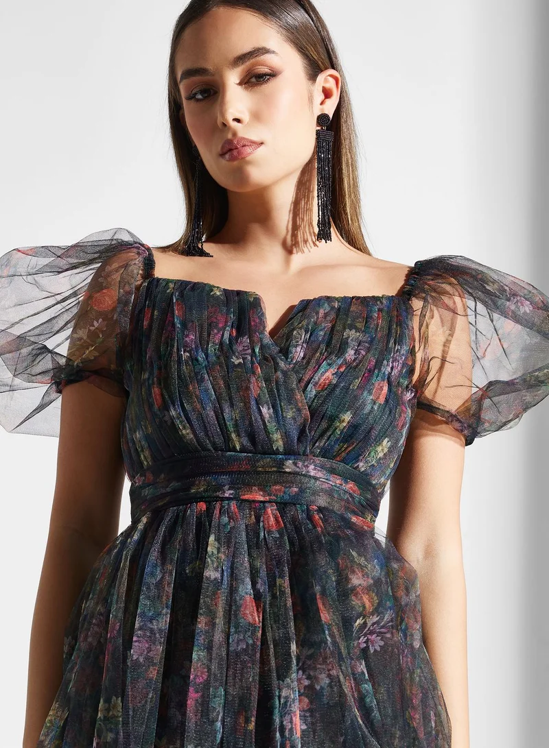 Lace and Beads Floral Tulle Midi Dress