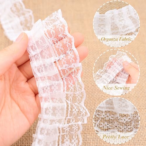 SEWDIYTR White Lace Ruffle Trim for Crafts 1-5/8"x5yd 2-Layer Pleated Edge Lace Ribbon - Image 2