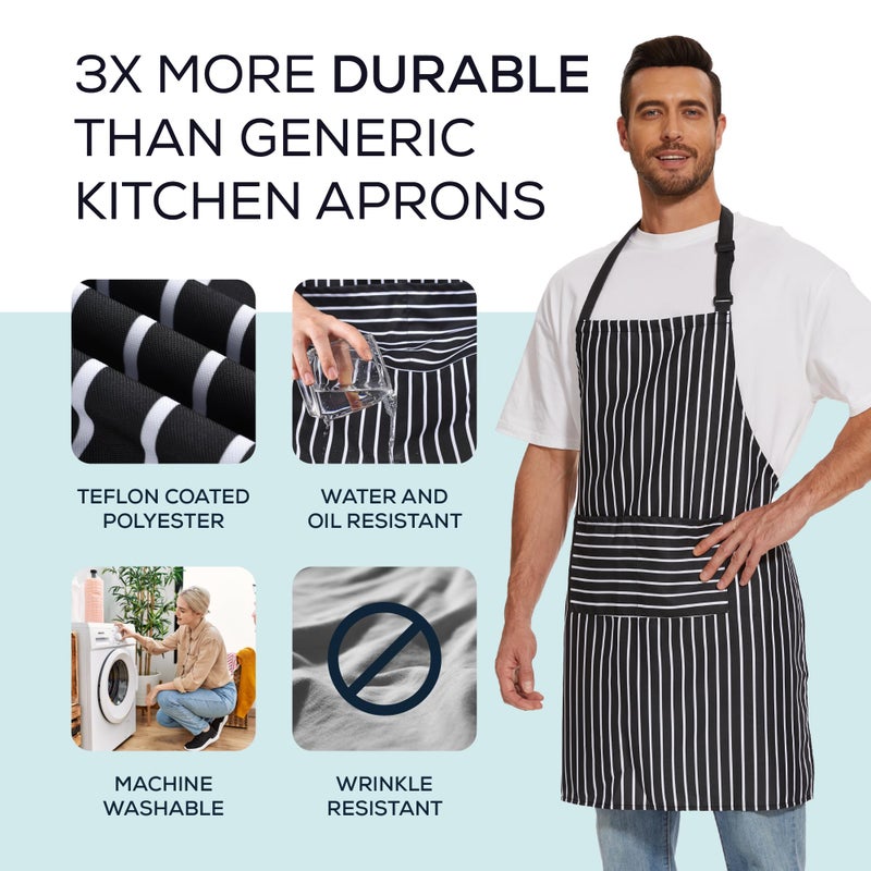 Will Well Kitchen Apron for Men and Women - Patterned Aprons for Cooking. Baking & Grilling  Chef Apron  Server Apron  & Waitress Apron With Pockets  Oil & Water Resistant Apron  1 Pack  Black Stripe - Image 1