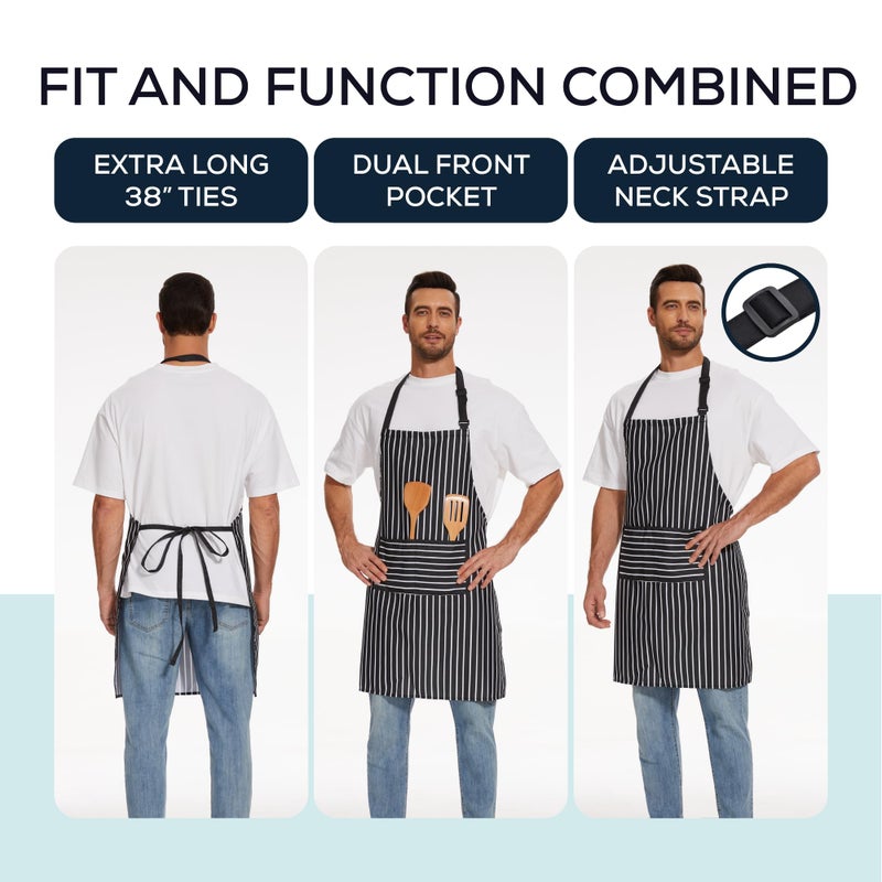 Will Well Kitchen Apron for Men and Women - Patterned Aprons for Cooking. Baking & Grilling  Chef Apron  Server Apron  & Waitress Apron With Pockets  Oil & Water Resistant Apron  1 Pack  Black Stripe - Image 2