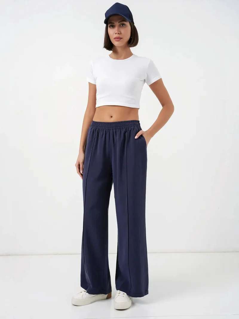 Big Dart Navy Blue BDART Wide Leg Trousers with Elastic Waist for Women | Best Price UAE