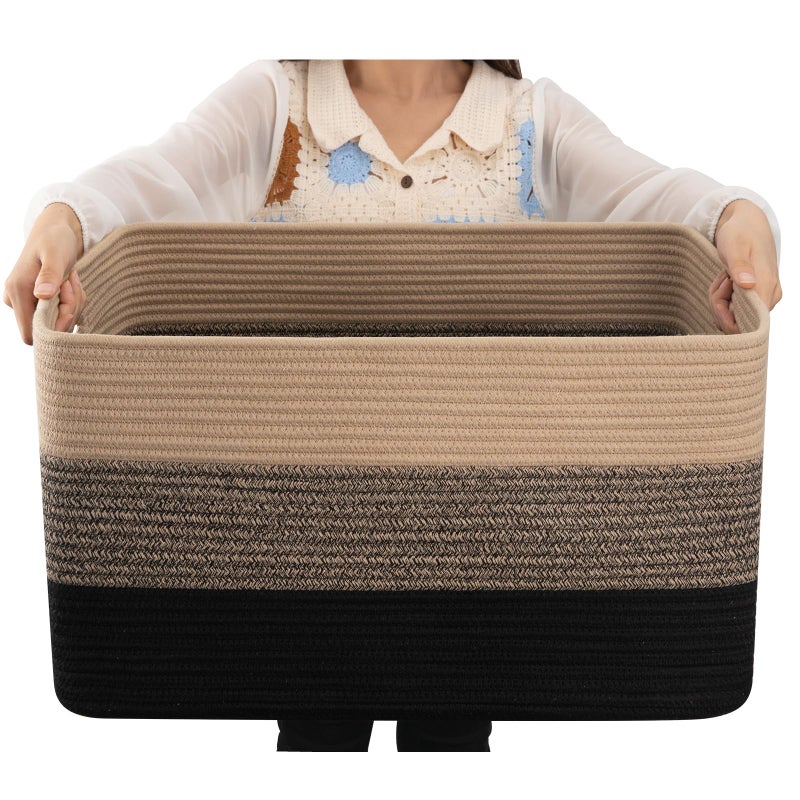 OIAHOMY Large Blanket Basket, 22â€x17â€x12â€ Rectangle Woven Baskets, Nursery Blanket Storage Living Room, Toy Storage With Handle, Large Baskets for Organizing-Yellow Black - Image 1