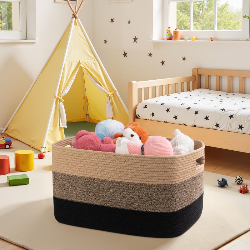 OIAHOMY Large Blanket Basket, 22â€x17â€x12â€ Rectangle Woven Baskets, Nursery Blanket Storage Living Room, Toy Storage With Handle, Large Baskets for Organizing-Yellow Black - Image 2