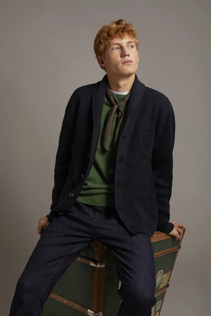 English rib knit wool blend cardigan - DK Blue