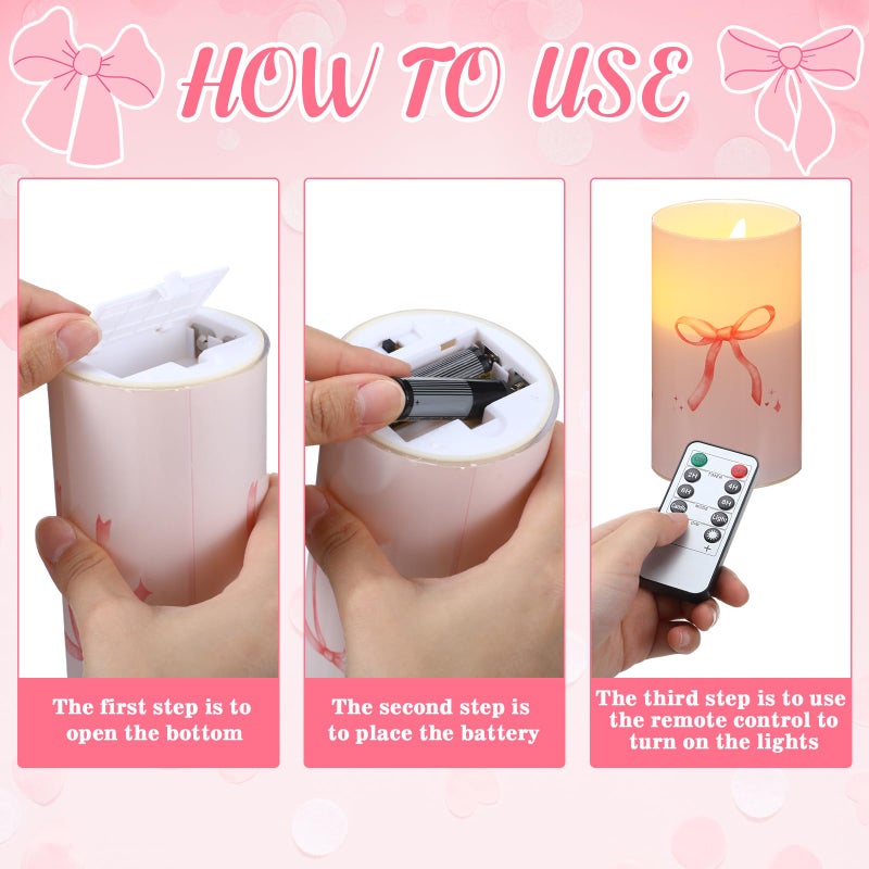 Tujoe 3 Pcs Valentines Flameless LED Candle with Remote Coquette Pink Bow Candles Pillar Candle Set Battery Operated Romantic Valentine Decorations for Home Wedding Bachelorette Bridal Birthday - Image 5