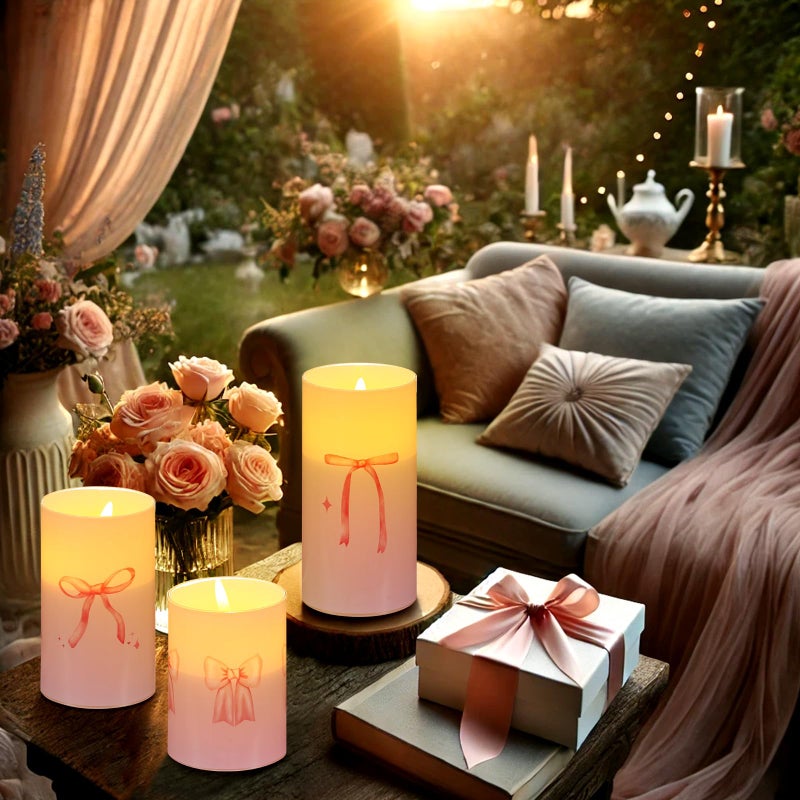 Tujoe 3 Pcs Valentines Flameless LED Candle with Remote Coquette Pink Bow Candles Pillar Candle Set Battery Operated Romantic Valentine Decorations for Home Wedding Bachelorette Bridal Birthday - Image 4