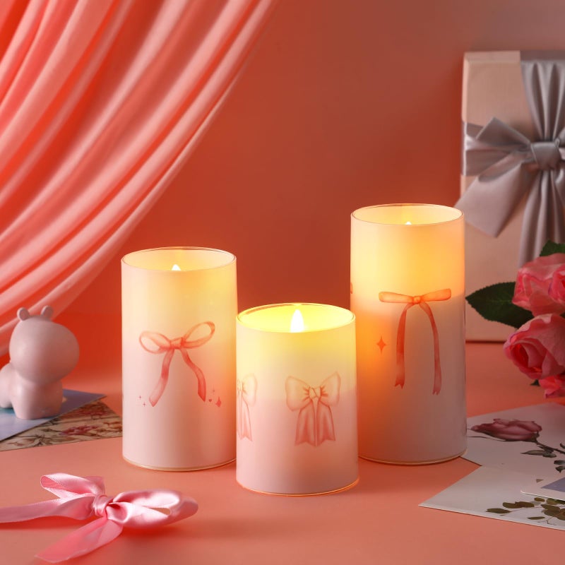 Tujoe 3 Pcs Valentines Flameless LED Candle with Remote Coquette Pink Bow Candles Pillar Candle Set Battery Operated Romantic Valentine Decorations for Home Wedding Bachelorette Bridal Birthday - Image 2