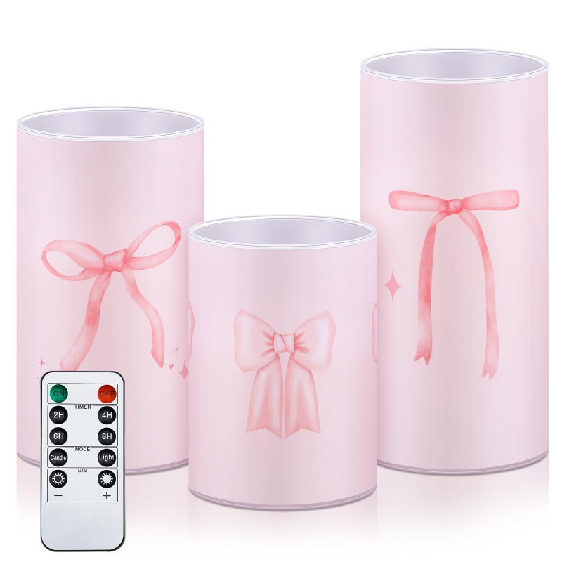 Tujoe 3 Pcs Valentines Flameless LED Candle with Remote Coquette Pink Bow Candles Pillar Candle Set Battery Operated Romantic Valentine Decorations for Home Wedding Bachelorette Bridal Birthday - Image 1