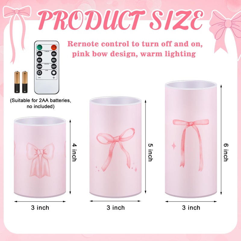 Tujoe 3 Pcs Valentines Flameless LED Candle with Remote Coquette Pink Bow Candles Pillar Candle Set Battery Operated Romantic Valentine Decorations for Home Wedding Bachelorette Bridal Birthday - Image 3