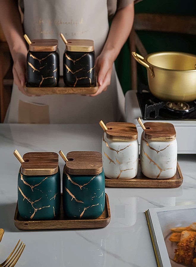 JFFLYIT 2 Sets of Marble Ceramic Sugar Bowl Ceramic Seasoning Jars with Wooden Lid and Wooden Spoon(White) - Image 2
