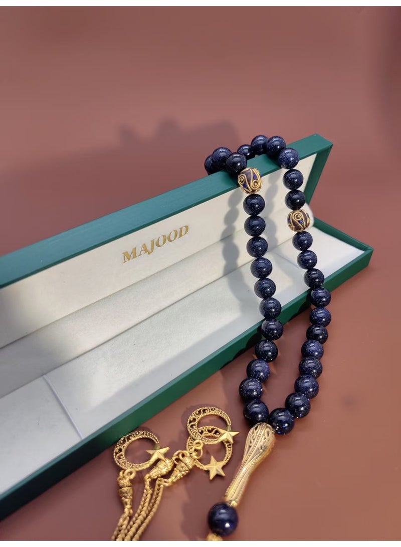 MAJOOD/33 Real Dark Blue Golden Sandstone Round stone Prayer Beads/Tasbih/10MM/For Men And Women - Image 3