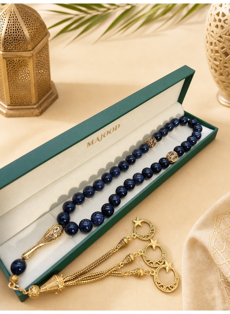 MAJOOD/33 Real Dark Blue Golden Sandstone Round stone Prayer Beads/Tasbih/10MM/For Men And Women - Image 3