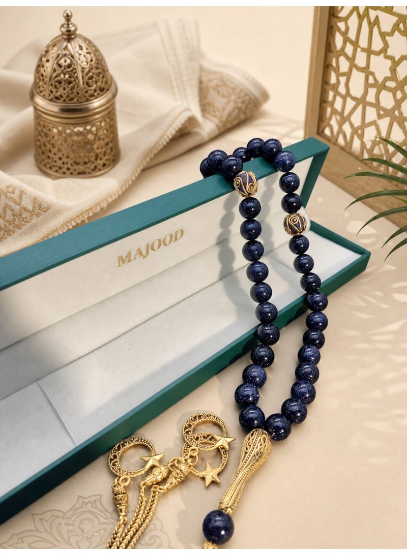 MAJOOD/33 Real Dark Blue Golden Sandstone Round stone Prayer Beads/Tasbih/10MM/For Men And Women - Image 4