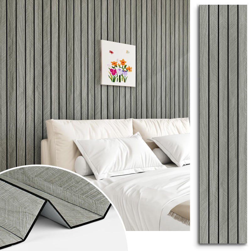 STICKEEP Grey Wood Wall Slat Panels Peel and Stick 3D Textured Fluted Wood Panels for Interior Wall Decor Self Adhesive Acoustic Wooden Paneling Sticker for Bedroom Studio TV Backgroud 23.6" x 120" - Image 1