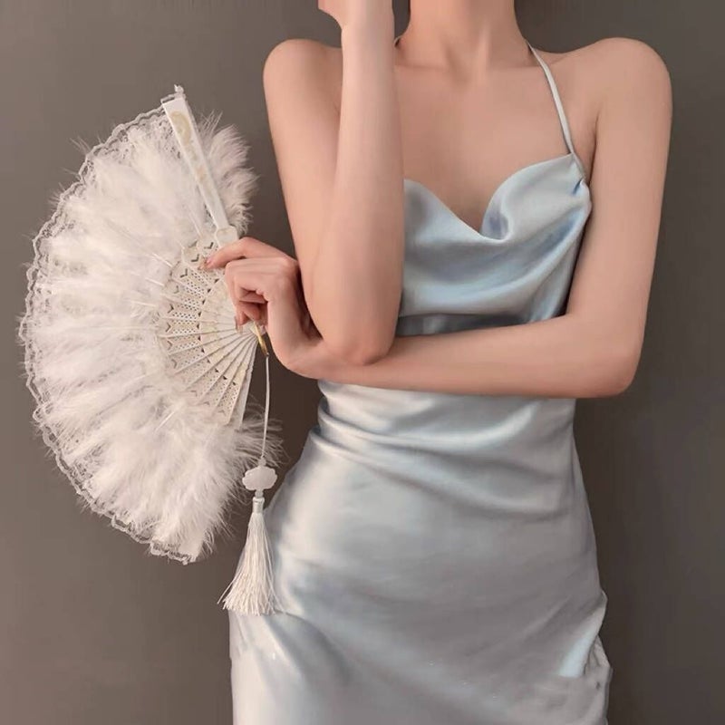 Vintage Feather Fan Chinese Style Black Lace White feather fan (single-sided feather)