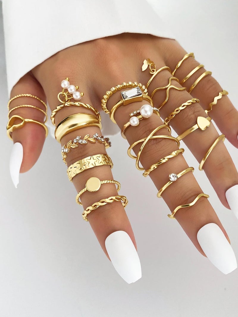 IFKM 24PCS Gold Knuckle Rings Set For Women Vintage Stackable Joint Finger Midi Rings Dainty Cubic Zirconia Crystal Simple Twist Hollow Cute Rings Pack Jewelry Gift (Heart's Voice, Gold) - Image 3