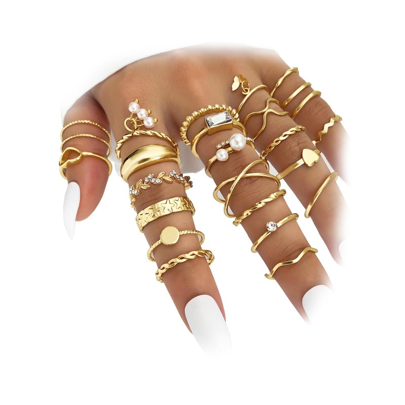 IFKM 24PCS Gold Knuckle Rings Set For Women Vintage Stackable Joint Finger Midi Rings Dainty Cubic Zirconia Crystal Simple Twist Hollow Cute Rings Pack Jewelry Gift (Heart's Voice, Gold) - Image 1