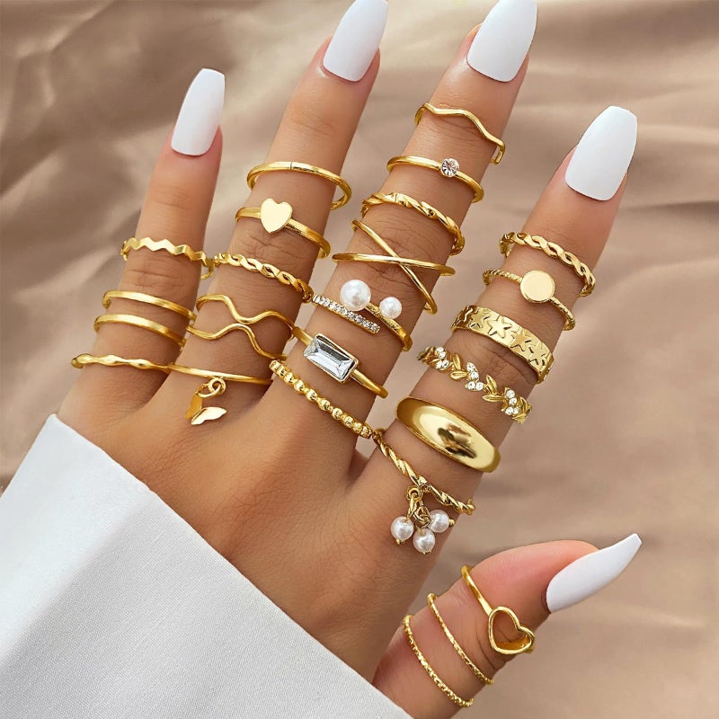 IFKM 24PCS Gold Knuckle Rings Set For Women Vintage Stackable Joint Finger Midi Rings Dainty Cubic Zirconia Crystal Simple Twist Hollow Cute Rings Pack Jewelry Gift (Heart's Voice, Gold) - Image 2