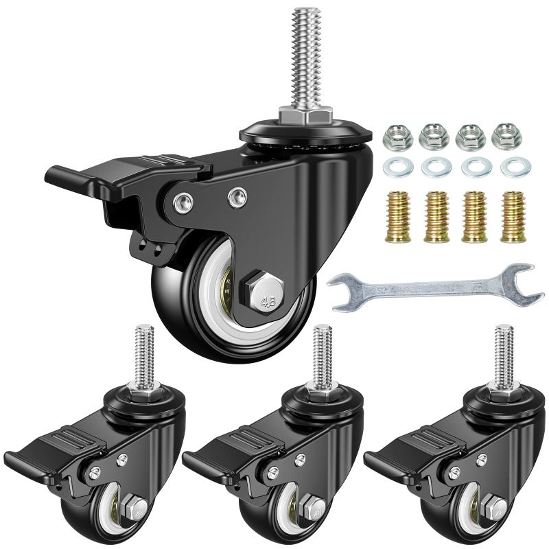 1.5 Inch Swivel Caster Wheels Set of 4, YEEMIGO Locking Casters Heavy Duty Total Capacity 330lbs, Metric M8Ã—25mm Threaded Stem PU Casters with Brake, Castors for Hardwood Floor Carpet