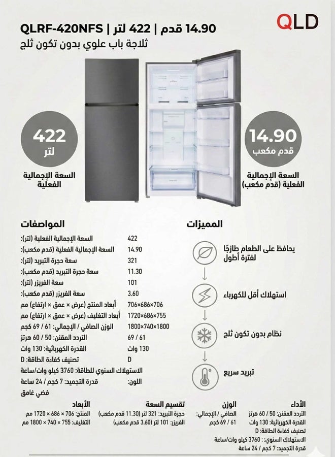 QLD ثلاجة بابين بدون تكون ثلج - 14.90 قدم - 422 لتر  - فضى غامق - QLRF-420NFS - Image 2