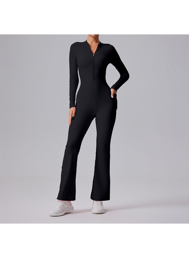European And American Flap Pocket Pants Zipper Long-sleeved Jumpsuit Dance Fitness Sports Bell-bottom Jumpsuit Tight Yoga Wear For Women