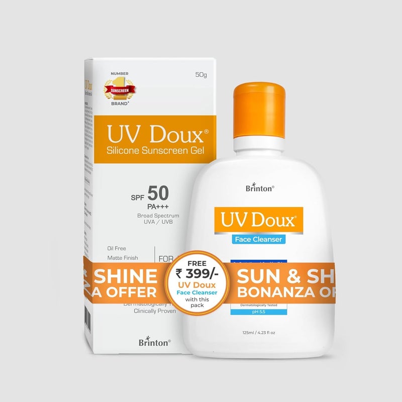 Brinton UV Doux Silicone Sunscreen Gel SPF50 PA 50gm  UV Doux Face Cleanser 125ml Combo  Ultimate Skincare Duo for Sun Protection  Deep Cleansing  NonGreasy DermatologistTested