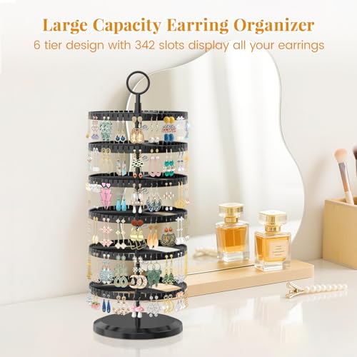 EsLuker.ly EsLukerly Earring Holder Organizer Rotating Stud Display Tree Rack with 342 USlots for Women Girls Large Adjustable 6 Tier Plastic Storage Stand with Metal Tray for Pierced Hoop Post Earring Black - Image 3
