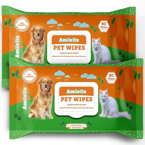 AMORITE Anti-Bacterial 160 Count Pet Wipes with Fresh Apple Scent for Dogs, Puppies & Pets (Pack of 2) Suitable for All Types of Pets' Dry Bathing, Daily Care, Paw Cleaning Wipes - Image 1