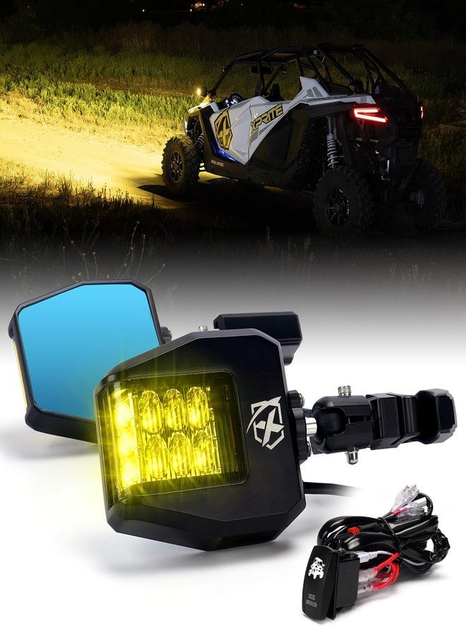 Xprite UTV Side Mirrors Aluminum w/Amber LED Spot Light Amber Lens for 1.75"-2" Roll Cage Bar Compatible with Pioneer Polaris RZR, Side by Side, Can Am X3, Kawasaki Teryx Mule, Yamaha Rhino Wolverine - Image 1