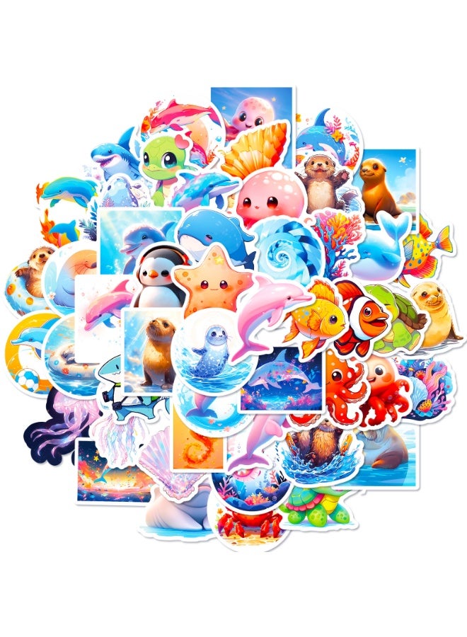 NIBEMINENT 50 Pcs Cartoon Marine Animals Deco Kit Waterproof Stickers, High Definition Printing Bright Colors, Suitable for Laptop Skateboard Luggage Water Bottle Guitar DIY - Image 1