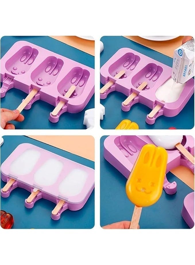 Silicone Ice Pop Mould, 3-Cavity (Multi shapes) Mini Ice Lolly Mould Maker Creative DIY Ice Cream Stick Chocolate Frozen Dessert Popsicle Tray Home Kitchen Tools Pan with 50PCS Wooden Sticks - Image 2