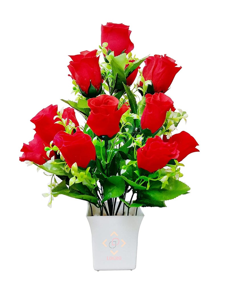 LOGRO LOGRO Rose Artificial Special Red Rose with White Pot Artificial Flower with Pot Velvet Red Rose with White Pot 18piece  - Image 1