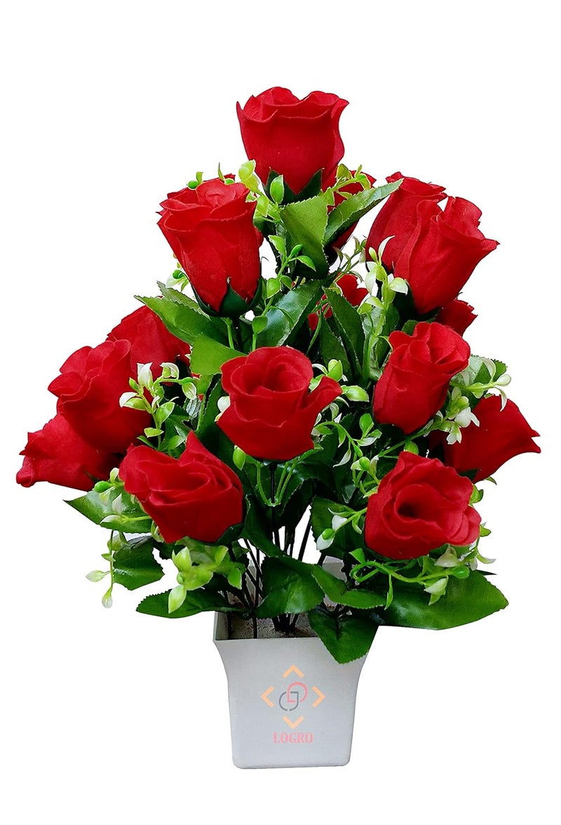 LOGRO LOGRO Rose Artificial Special Red Rose with White Pot Artificial Flower with Pot Velvet Red Rose with White Pot 18piece  - Image 2