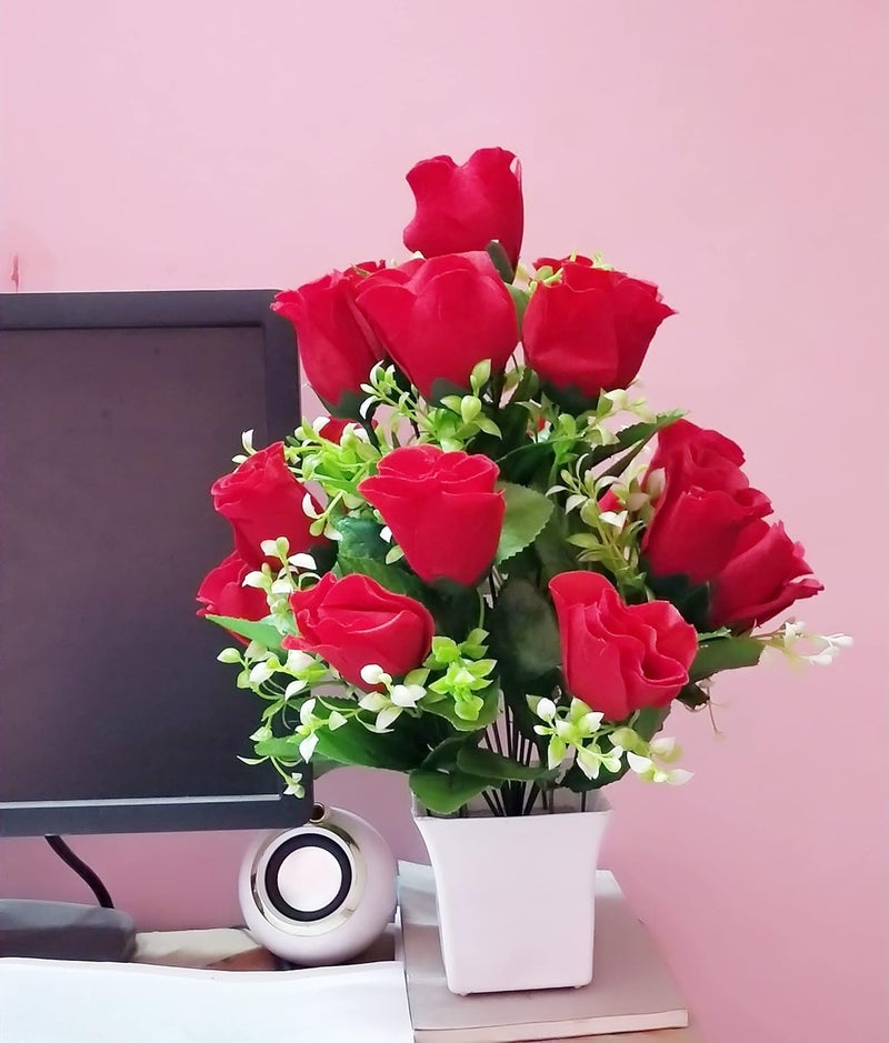 LOGRO LOGRO Rose Artificial Special Red Rose with White Pot Artificial Flower with Pot Velvet Red Rose with White Pot 18piece  - Image 4