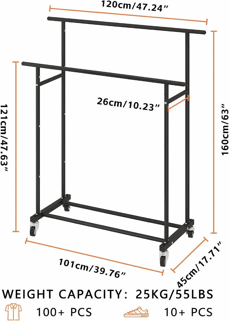 Calmootey Double Rod Clothing Garment Rack,Rolling Hanging Clothes Rack,Portable Clothes Organizer for Bedroom,Living Room,Clothing Store,Black - Image 3