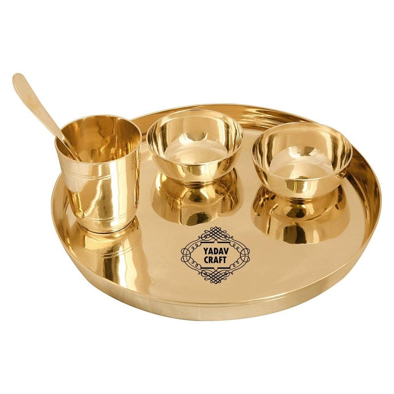 Yadav Craft Bronze Thali 5 Pices Set for Eating Food- 1 thali 2 Bowls 1 Glass 1 Spoon According to The Shastras, One Should Eat in a Bronze Thali - Image 1