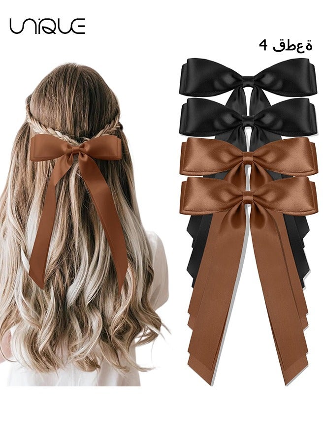 Unique 4PCS Silky Satin Hair Bows, Cute Vintage Hair Clips Double Ribbon Tassel Ponytail Holder Accessories With Metal Barrette for Women Girls Toddlers Teens Kids (Black & Brown） - Image 1