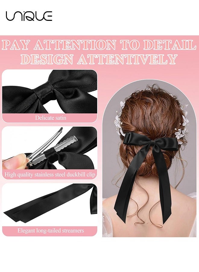 Unique 4PCS Silky Satin Hair Bows, Cute Vintage Hair Clips Double Ribbon Tassel Ponytail Holder Accessories With Metal Barrette for Women Girls Toddlers Teens Kids (Black & Brown） - Image 3