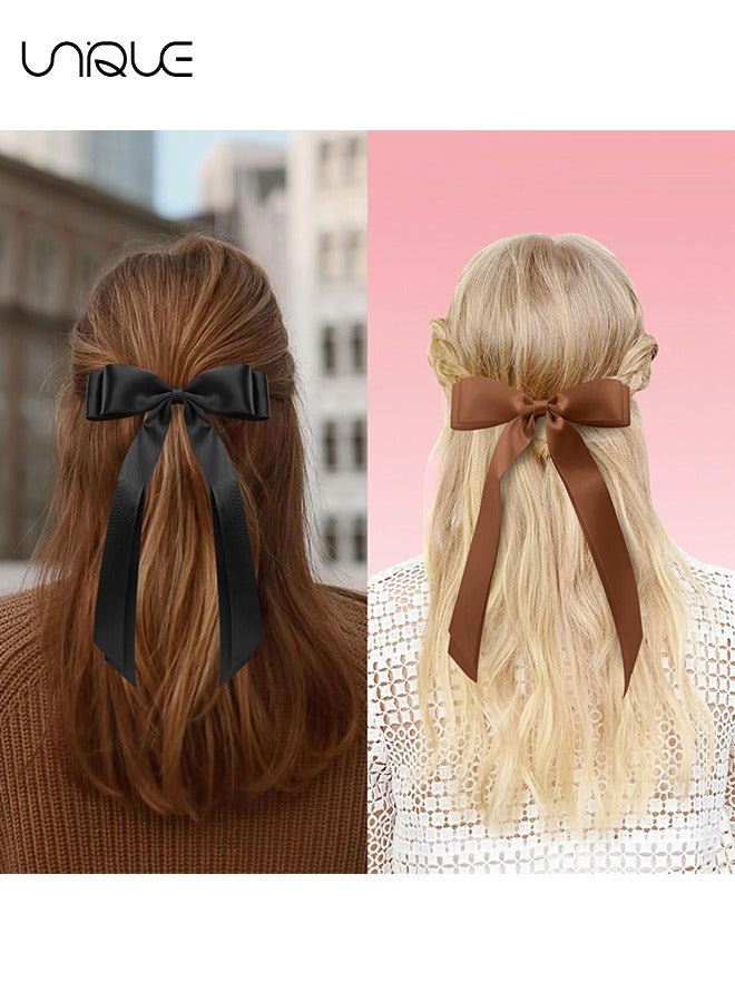 Unique 4PCS Silky Satin Hair Bows, Cute Vintage Hair Clips Double Ribbon Tassel Ponytail Holder Accessories With Metal Barrette for Women Girls Toddlers Teens Kids (Black & Brown） - Image 5