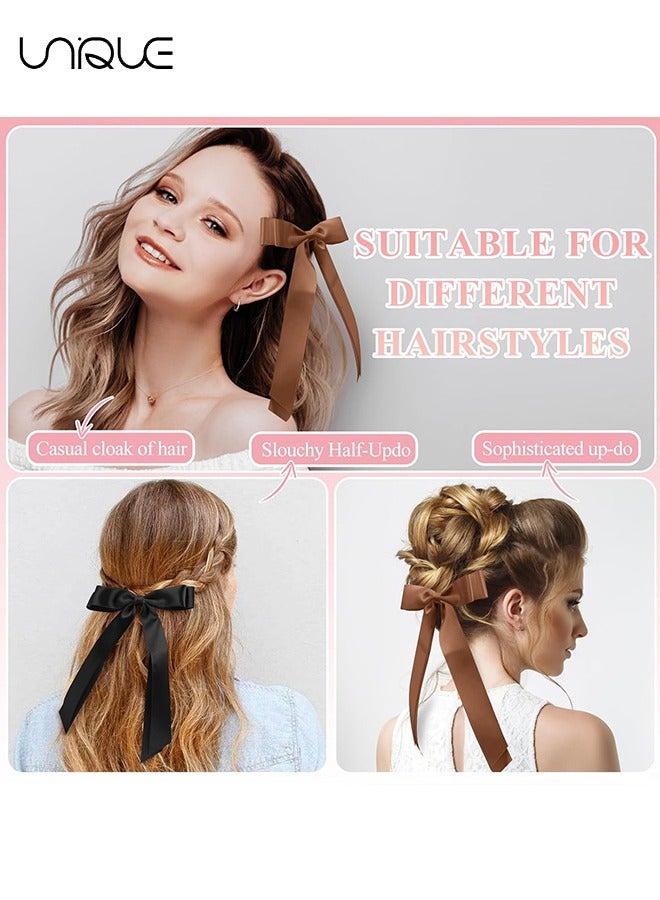 Unique 4PCS Silky Satin Hair Bows, Cute Vintage Hair Clips Double Ribbon Tassel Ponytail Holder Accessories With Metal Barrette for Women Girls Toddlers Teens Kids (Black & Brown） - Image 4