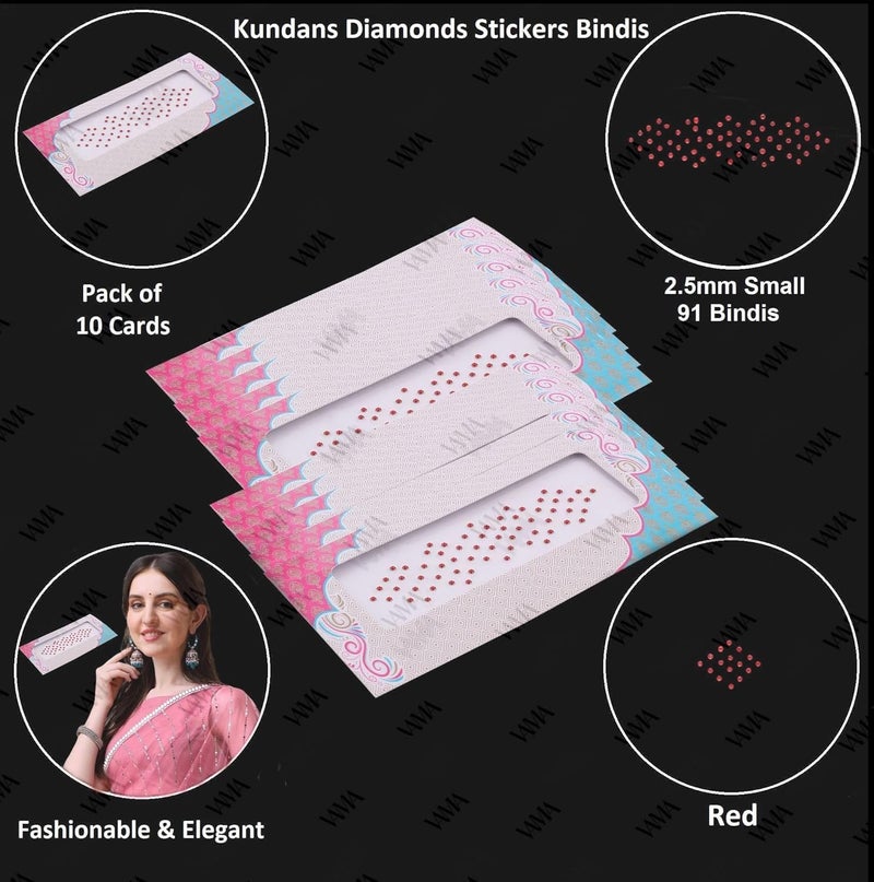 VAMA Rhinestone Red Color Crystal Stone Bindi kumkum Sticker Diamond Cut Kundan Lal bindiya Bindis Set for Women 10 Cards lal Stone Bindi Small 25mm - Image 3