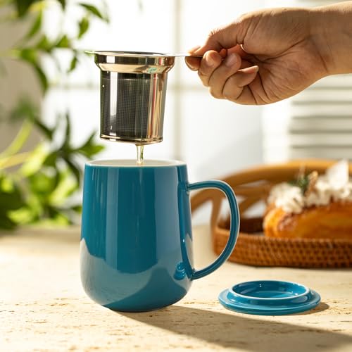 Sweese كوب شاي بورسلين سويسي مع مصفاة وغطاء، 20 أونصة، أزرق فولاذي، آمن للاستخدام في الميكروويف، قابل لإعادة الاستخدام - Image 5